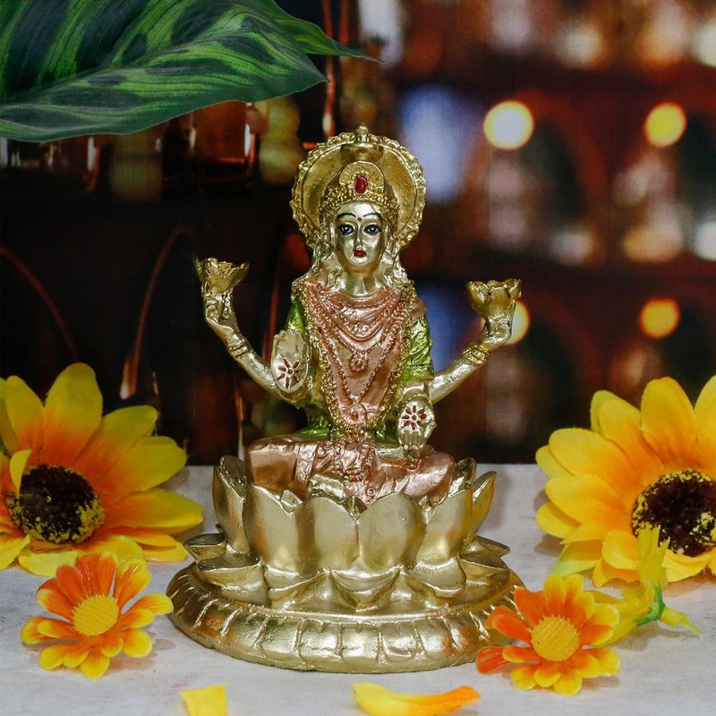 Hindu Goddess Lord Laxmi Statue - 4.4" H Gold Indian God Lakshmi Figurine fo gallery