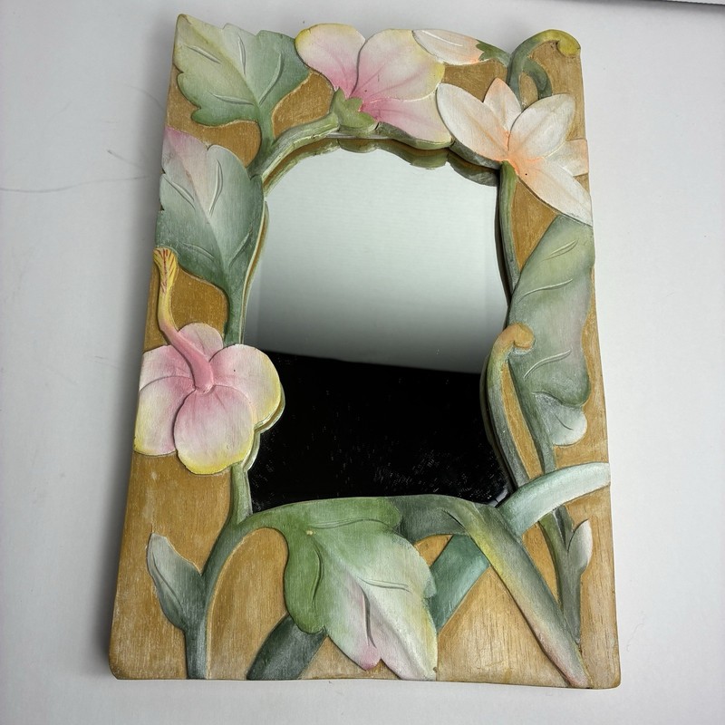 Vintage Hand Carved Wooden Painted Botanical Floral Accent Wall Mirror 80’s 11×7