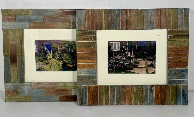 2 Beach Striped Teak Frames 15″ x 13″ Driftwood Design Nautical