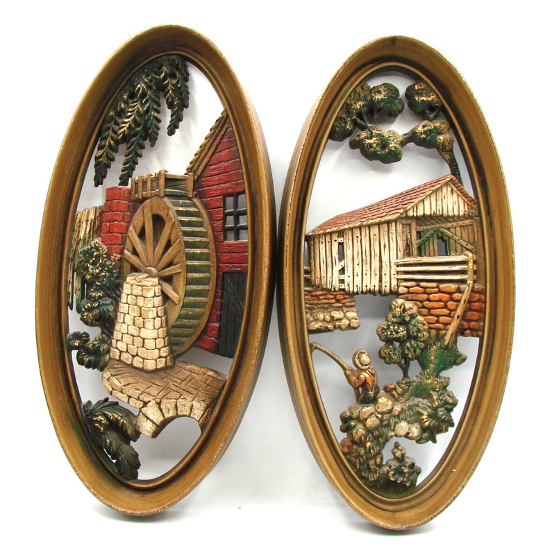 Set 2 Burwood Products Water Wheel Mill Country Farm Wall Art Hanging Molds Vtg