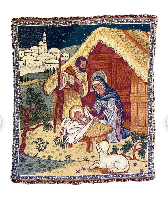 Christmas Tapestry Afghan Throw Nativity Manger Lamb Joseph Mary Jesus 57×49 in.