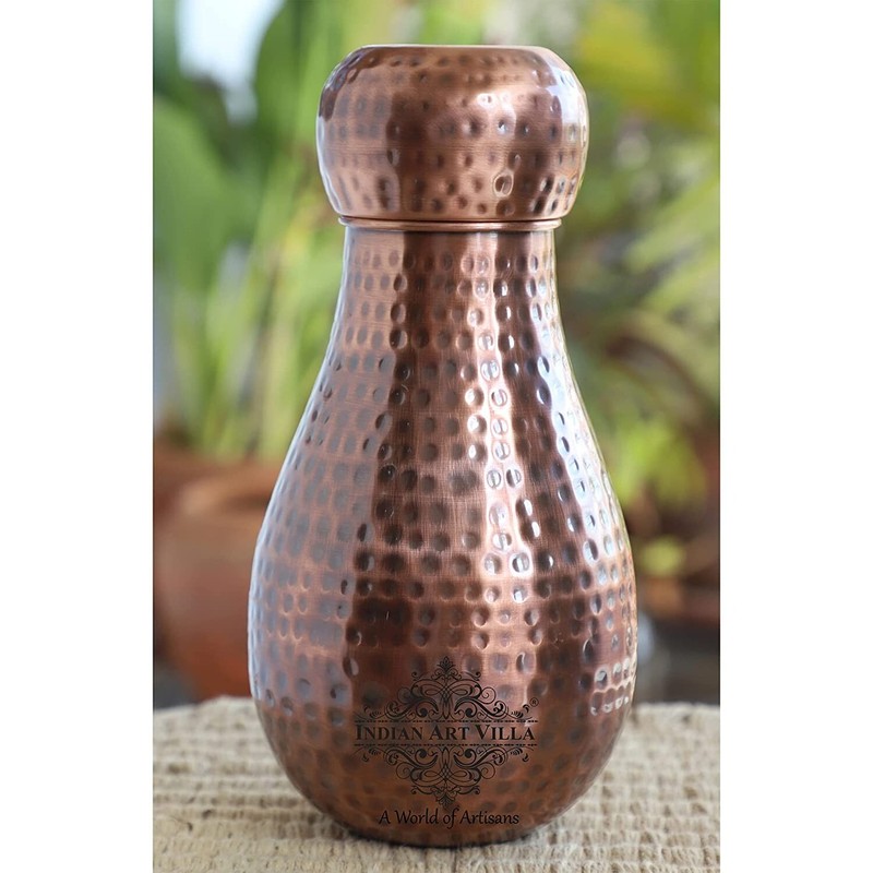 Copper Antique Dark Matka Hammered Bedroom Bottle with Inbuilt Glass 1600 ml