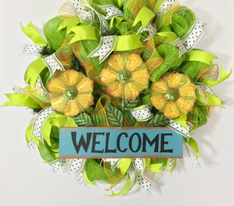SUMMER WREATH GREEN DECO MESH YELLOW DAISY FLOWERS METAL WELCOME SIGN RIBBONS gallery