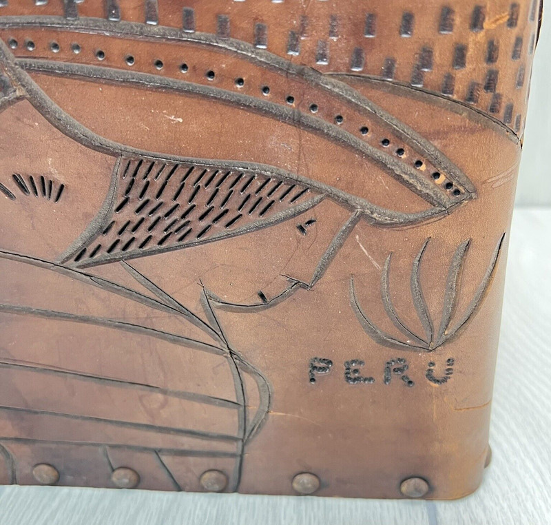 Vintage Hand Tooled Leather Magazine Holder With Handle Peru gallery