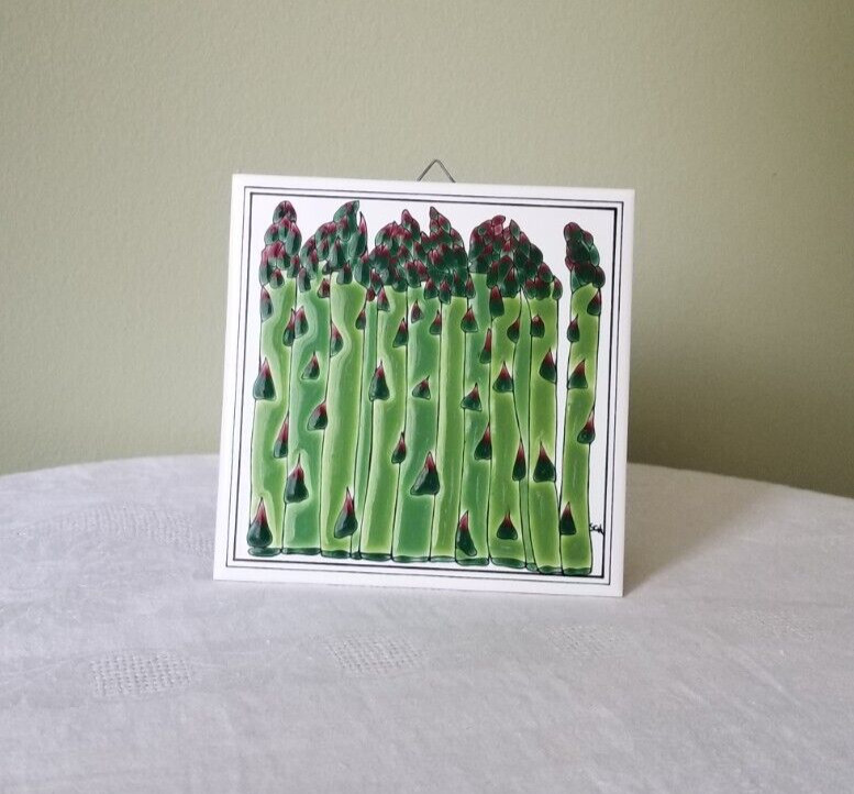 Vtg. Handmade Ceramic Asparagus Raised Wall Tile Decor Green White Red Signed