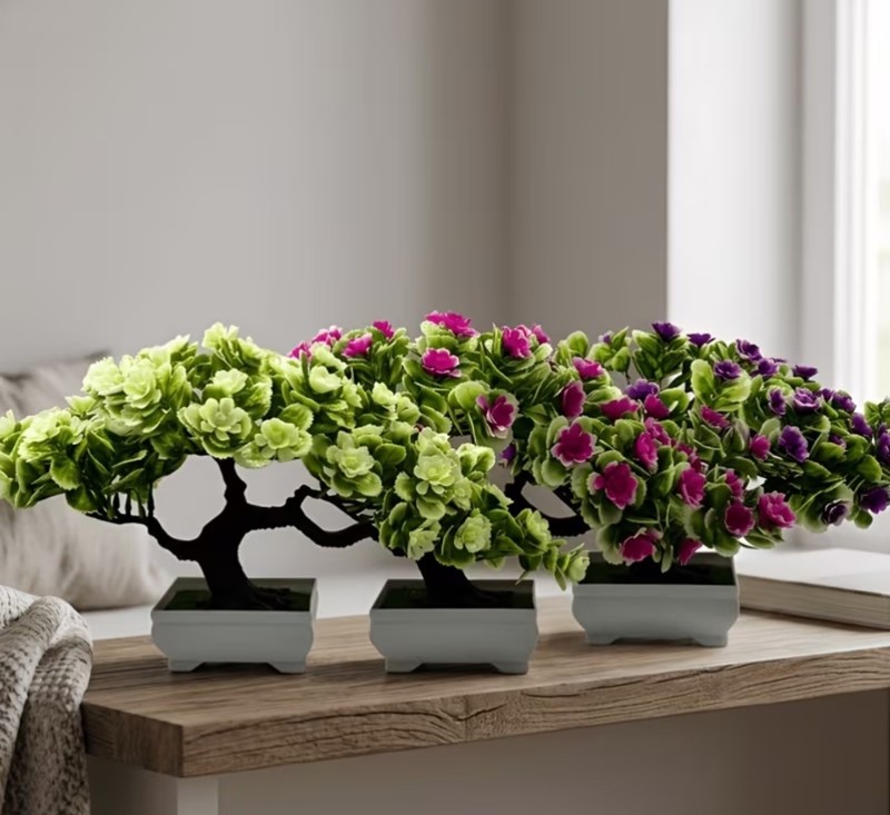 Artificial Bonsai Flower Tree, Pink Floral Houseplant in White Pot 40 x 21cm