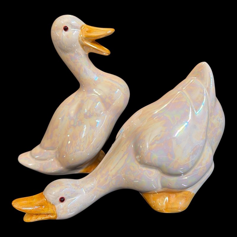 Vintage White Ceramic Duck Figurines Iridescent Oyster Shell Farmhouse Decor