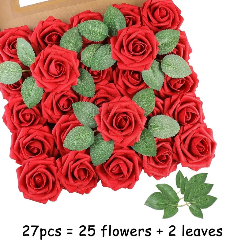 25pcs Artificial Roses with Stems – DIY Wedding Bouquets Party Decor OPP Bag