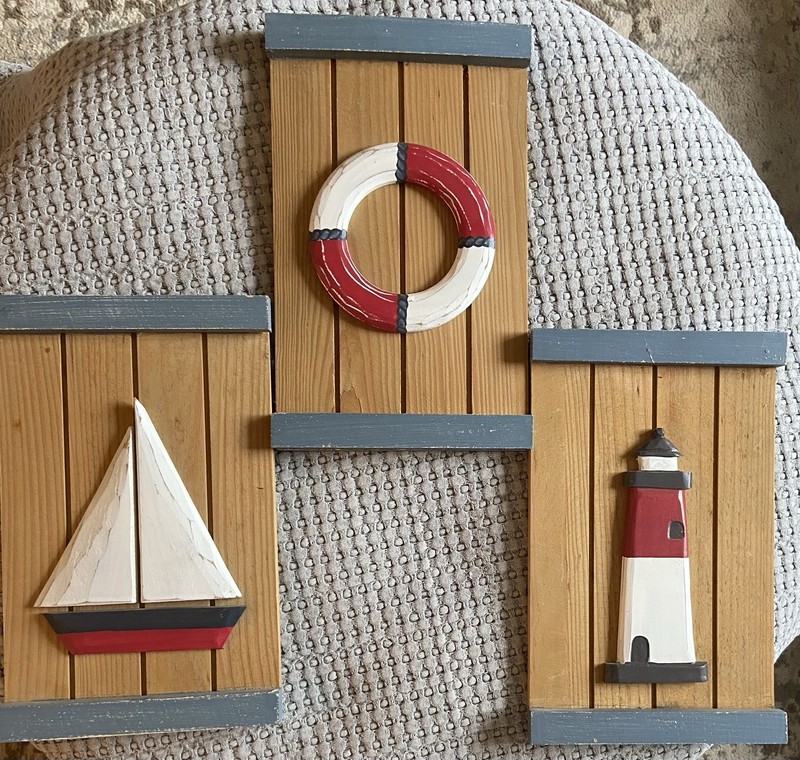 SET OF 3 NAUTICAL THEMED WALL ART LIGHTHOUSE SAIL BOAT LIFE PRESERVER