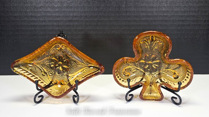 Vintage 2pc Indiana Glass Tiara Amber Playing Card Suit Trinket Dishes-273A