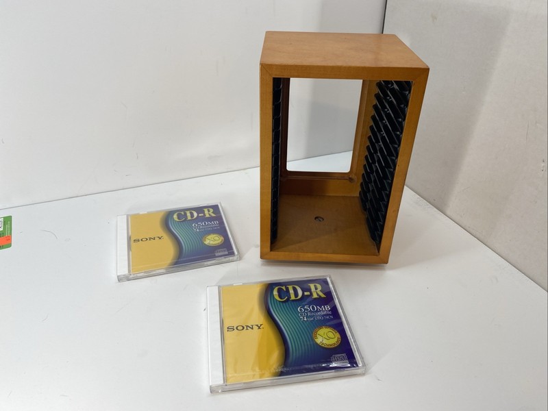 Vintage Wooden CD Spinner Holder 15 Slot Storage Organizer w/ Blank Disks READ