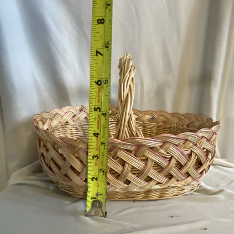 Handmade Oval Wicker Basket with Handle, Beige Pink, 11x8x8 in gallery