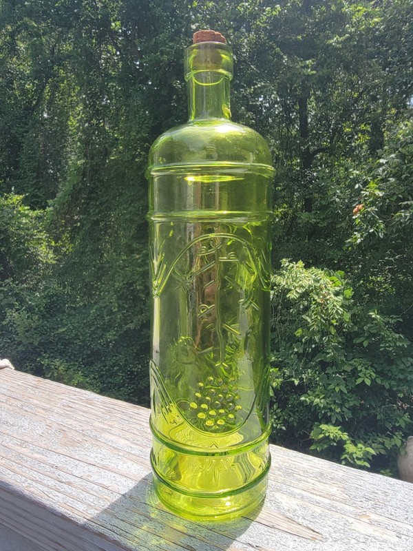 VTG Unique Decorative Embossed Round Olive Green Glass Wine/Oil Bottle 11.5″