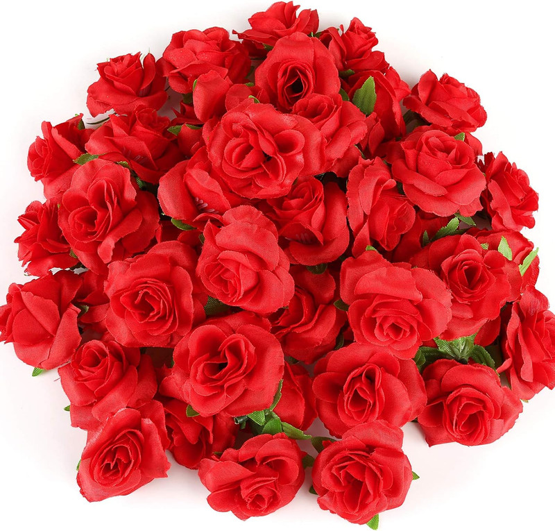 50Pcs Red Roses Buds Artificial Flowers Bulk, 1.6" Small Silk Fake Roses Flower gallery