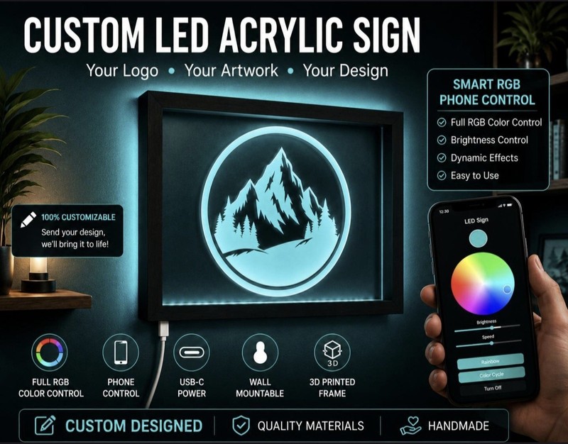 Custom LED Acrylic Sign 10″x8″ with Frame Smart RGB Color Control via Smartphone