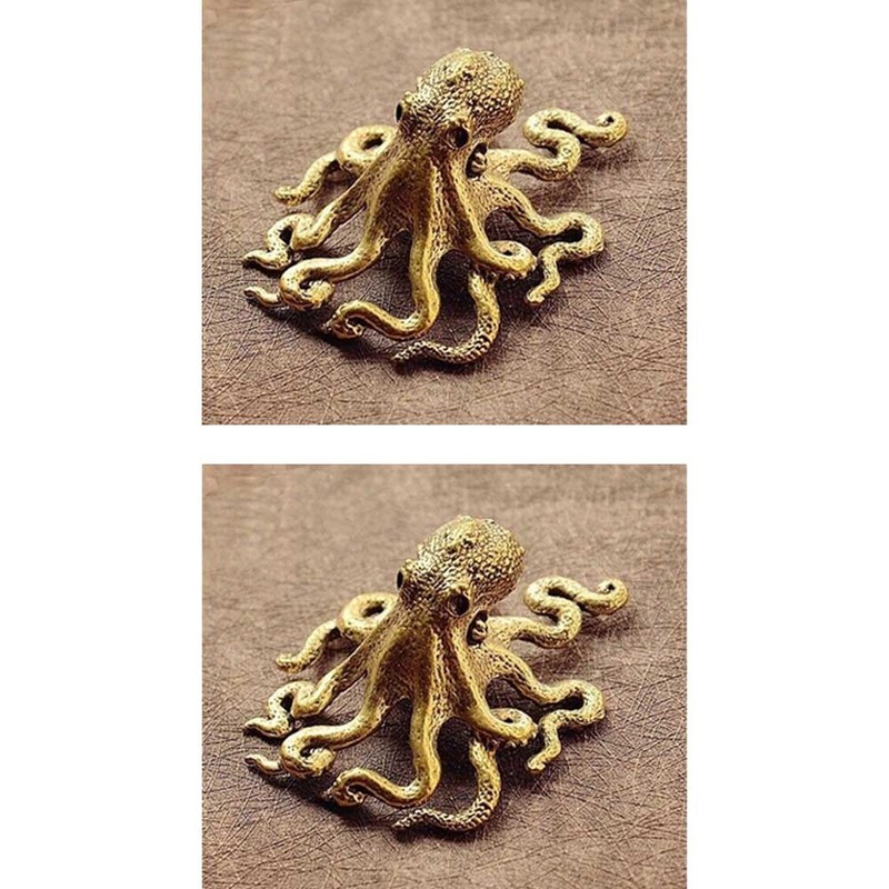 2Packs Brass Octopus Animal Statue Small Sculpture Tabletop Figurine Decor Gifts