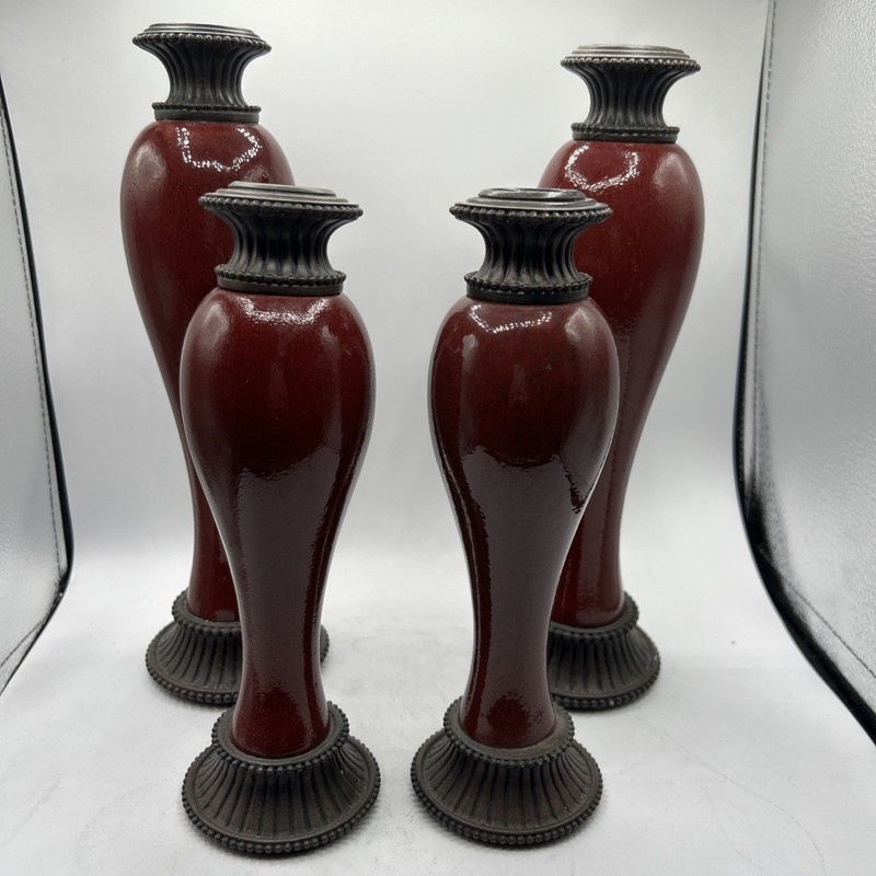 Elegant Red Ceramic Candlesticks Bronze Tone Decor Home Accent Partylite 9” 11”