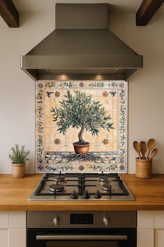 Olive Tree of Life Ceramic Tile Mural Symbolic Mediterranean Wall Art Panel