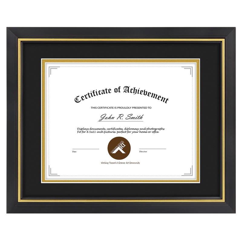 8.5×11 Certificate Frame with Black Over Gold Mat or 11×14 Frame without Mat