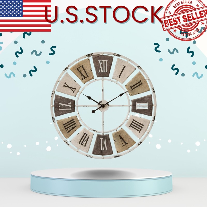 24 Inch Distressed Metal Wall Clock Roman Numerals