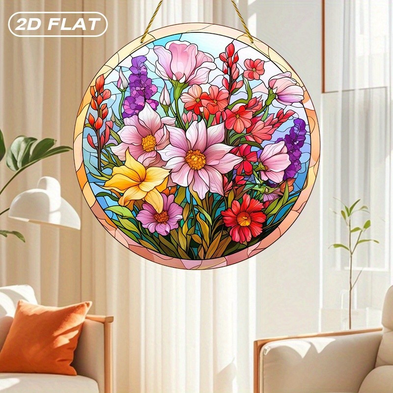 Spring Wildflower Bouquet Suncatcher, Stained Glass Style Acrylic Window Decor