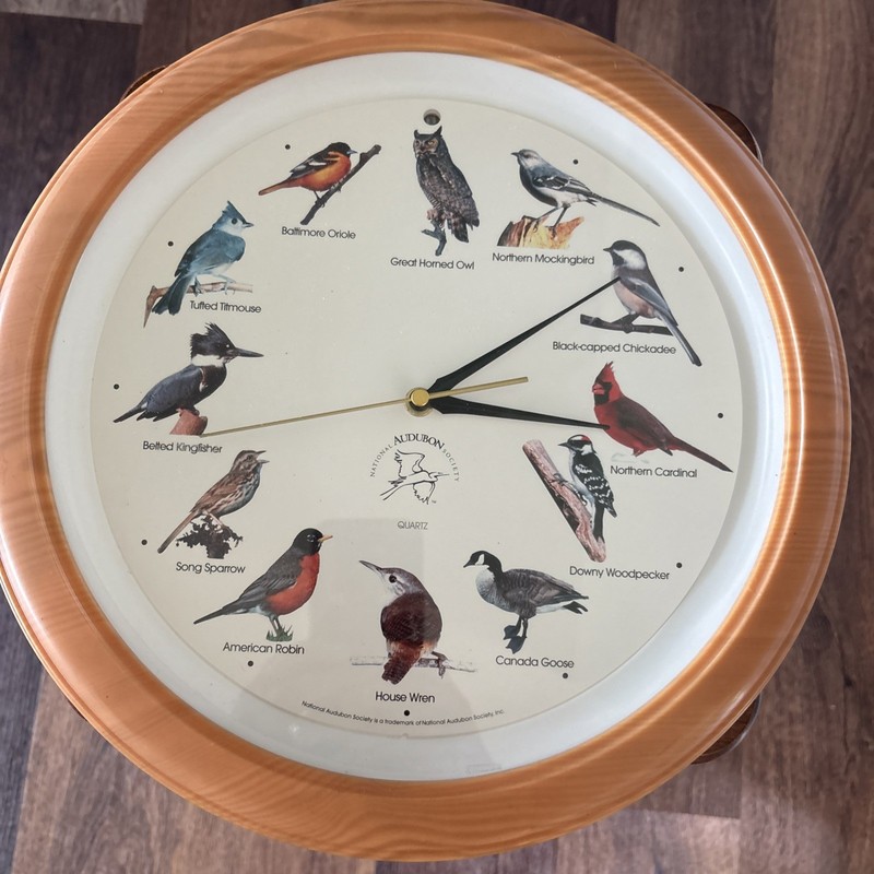 National Audubon Society Bird Clock 13″ Oak Colored Frame