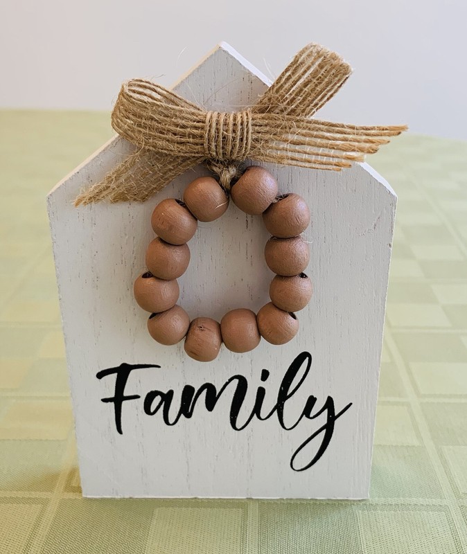 Family Bead Wreath House Shape Wood Block Sign Decor Home Tier Tray NEW NWT