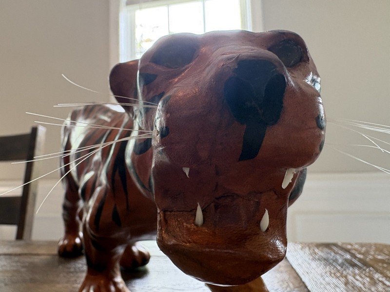 Vintage Tiger Sculptures Pair Papier Mache Leather Wrapped Folk Art gallery