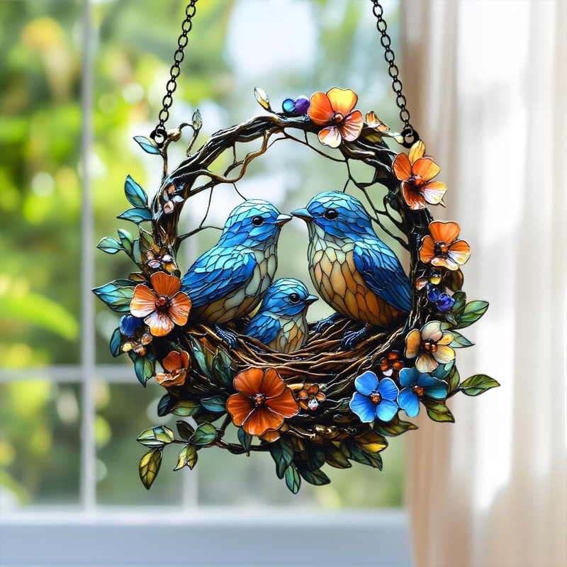 Birds Floral Wreath Acrylic Suncatcher Faux Stained Glass Window Hanging Decor gallery