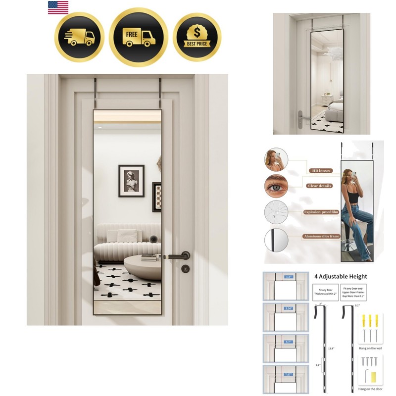 14″ x 48″ Adjustable Height Over The Door Mirror, Rectangular Full Length Han…