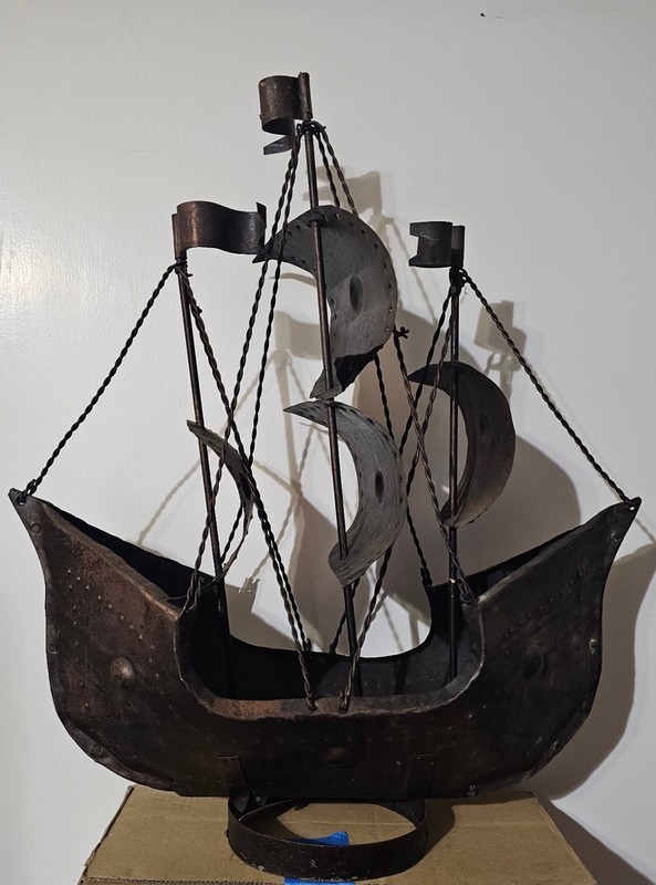 Vintage Metal 22in Tall 3 Mast Sailing Ship Art Nautical Rough Metal 22x20x8in