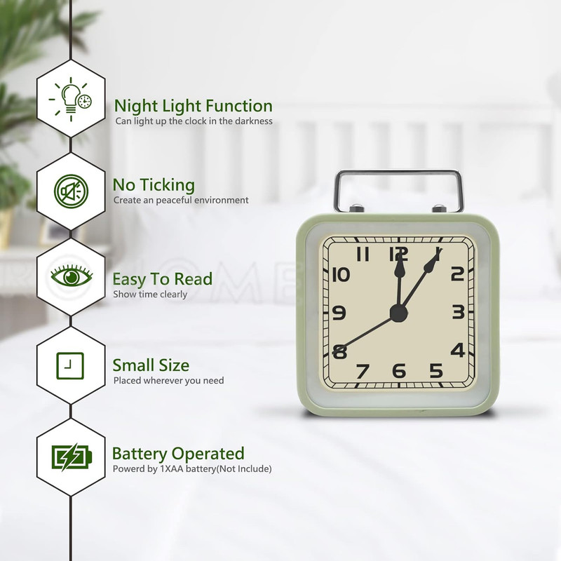 Small Alarm Clock, Retro Silent Quartz Movement with Night Light, Decorative Vin gallery
