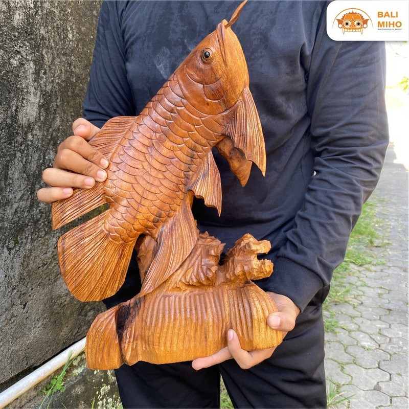 Highly Detailed Hand Carved Arowana Fish Wooden Statue Sculpture on Base Decor