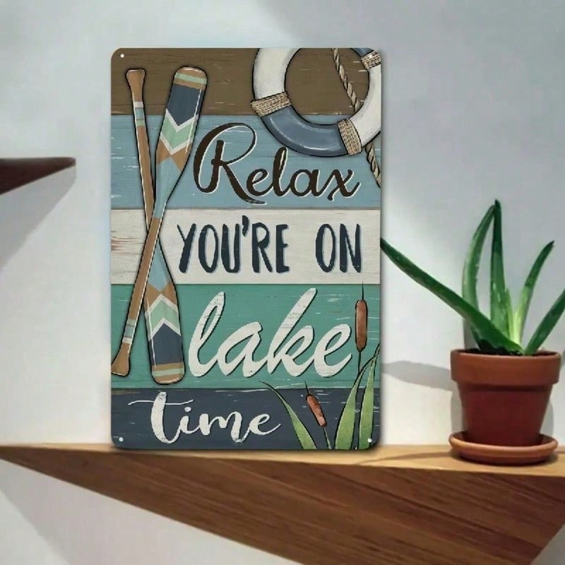 Vintage Rustic Aluminum Sign “Relax You’re On Lake Time” Farmhouse Fish Wall Art