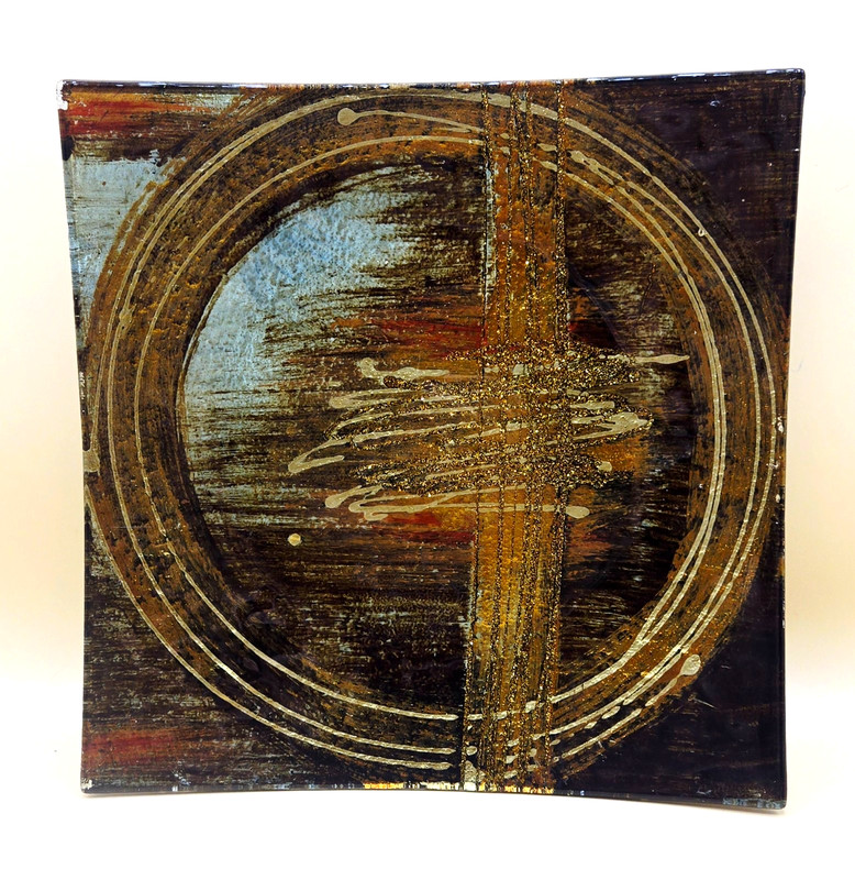 Decorative Fused Glass Square Glass Plate Gold, Brown w/Glitter High Gloss 9.5″