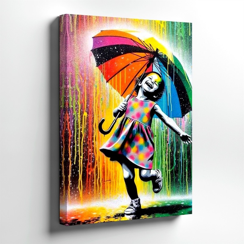Wall Art Colorful Girl With Rainbow Umbrella Graffiti Canvas Print Street Decor