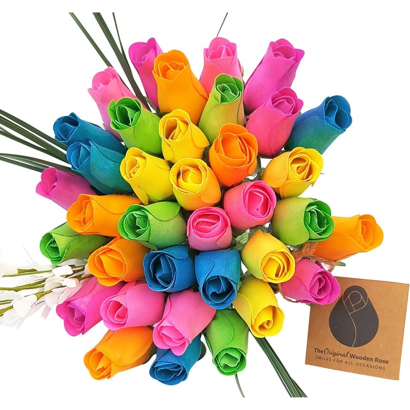 6 Color Spring Flower Bouquet. The Original Wooden Rose 1, 2, 3 Dozen