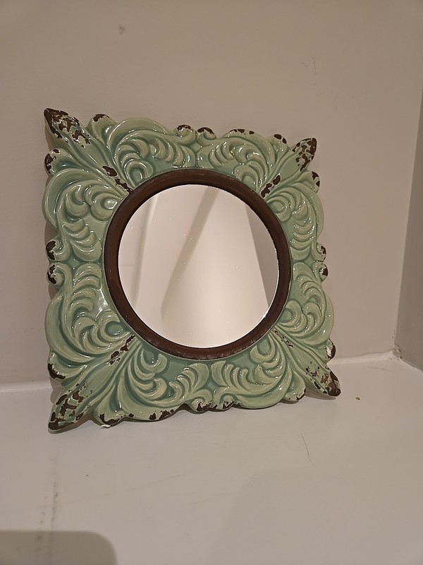 DISTRESSED GREEN CERAMIC STONEWARE SCROLLWORK DESIGN WALL MIRROR