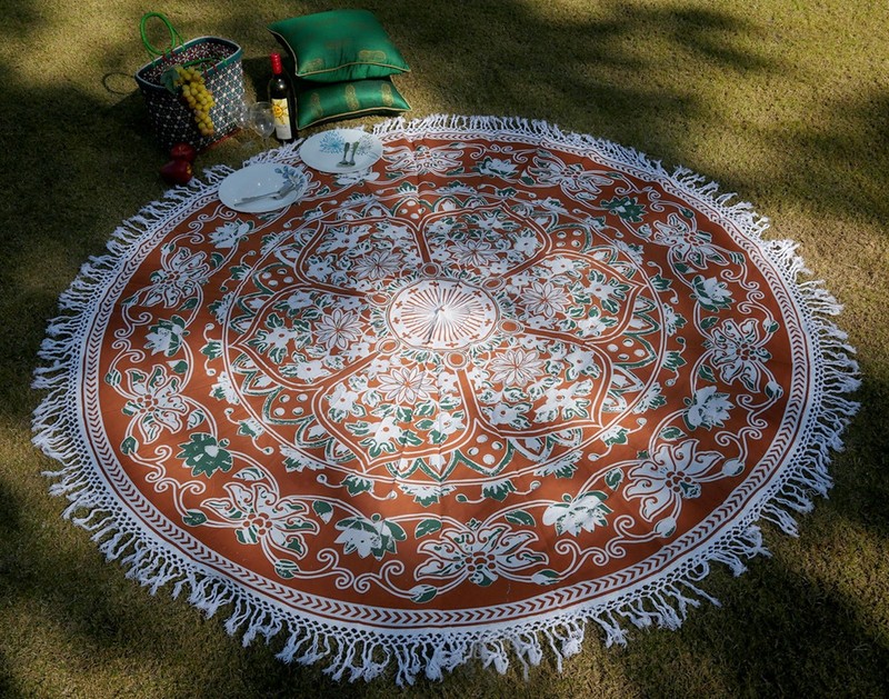 Indian Mandala Flower Tapestry Round Patio Picnic Table Beach Cover Brown 78″