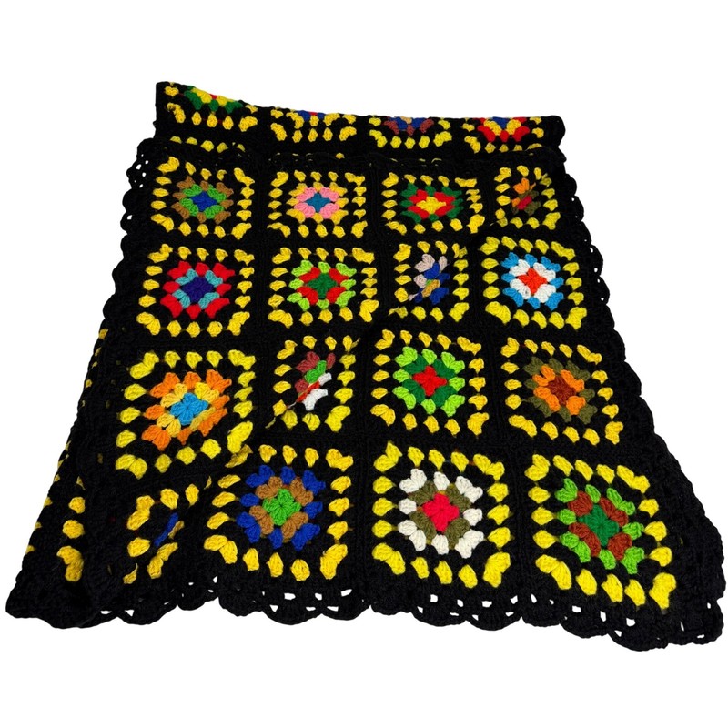 Handmade Crochet Granny Square Afghan Blanket Black Boho Retro Patchwork 62″x70″