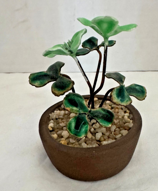 Vtg Enamel on Copper Miniature Flower Plant Potted Metal Art Glass Sculpture MCM
