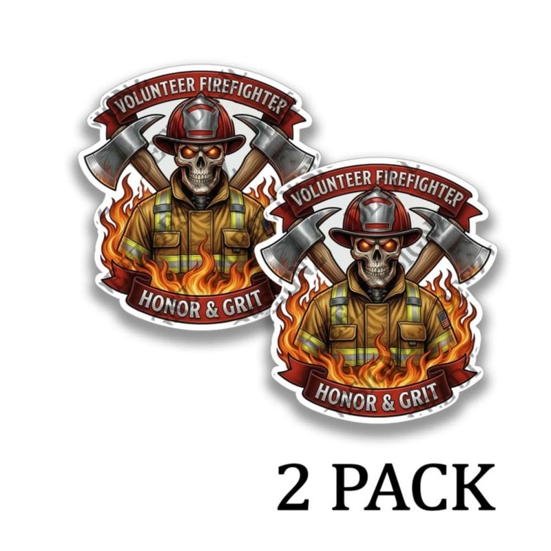 Volunteer Firefighter Skeleton Sticker Funny Skull Fireman Decal 2 PACK