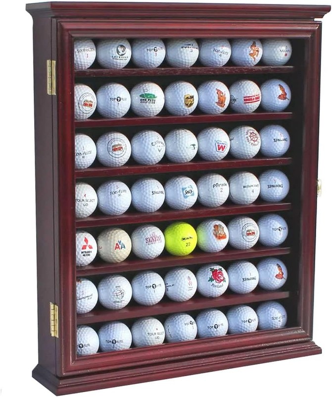 Golf Ball Display Case 49 Pcs Cherry & Green Wall Glass Door Cabinet Wood Rack