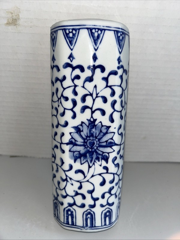 Blue and White Pottery Vase. 8.2” Tall. Chinoiserie Style Ceramic Donation Vase gallery
