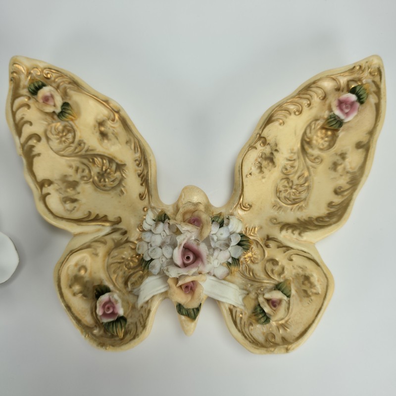 Ceramic Yellow Gold Pink White Green Butterfly Candy Or Trinket Dish + Flower gallery