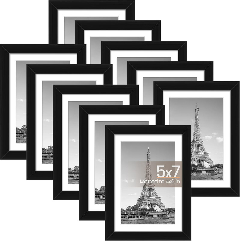 10 Pack Black 5×7 Picture Frames Display 4×6 with Mat Wall or Tabletop Mount