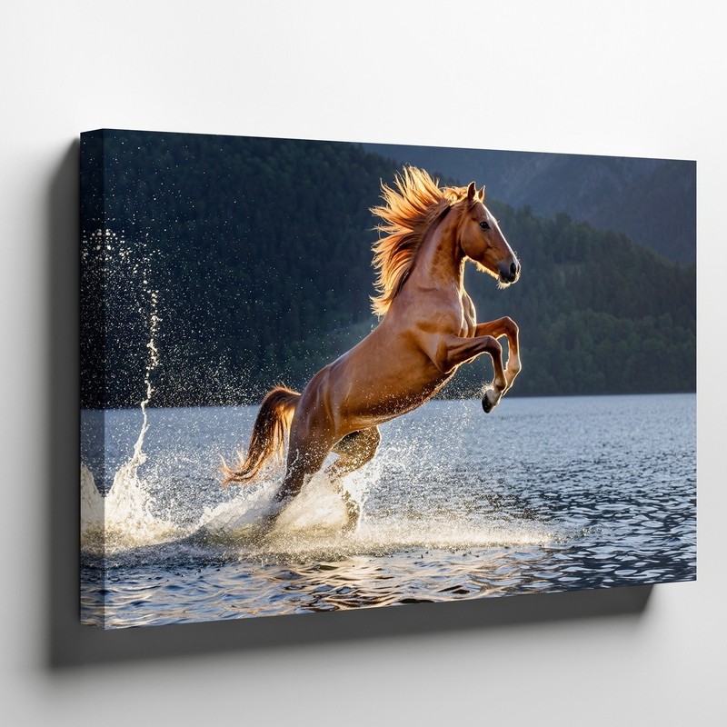 Wall Art Majestic Golden Horse Leaps Gracefully From A Shimmering Lake, Its