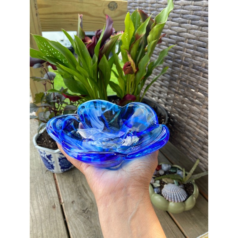 Blue Hand Blown Art Glass Flower Bowl Cobalt Swirl Trinket Dish 6 Inch