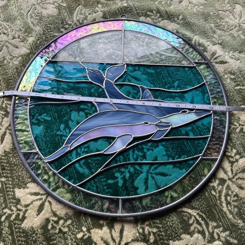 Stained Glass Dolphins Iridescent Blue Window Sun Catcher 13" Diameter gallery