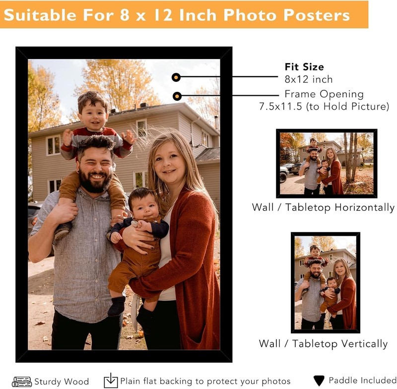 8X12 Picture Frames Black 1 or 2-Pack HIGH Definition Glass Front Cover Displays gallery